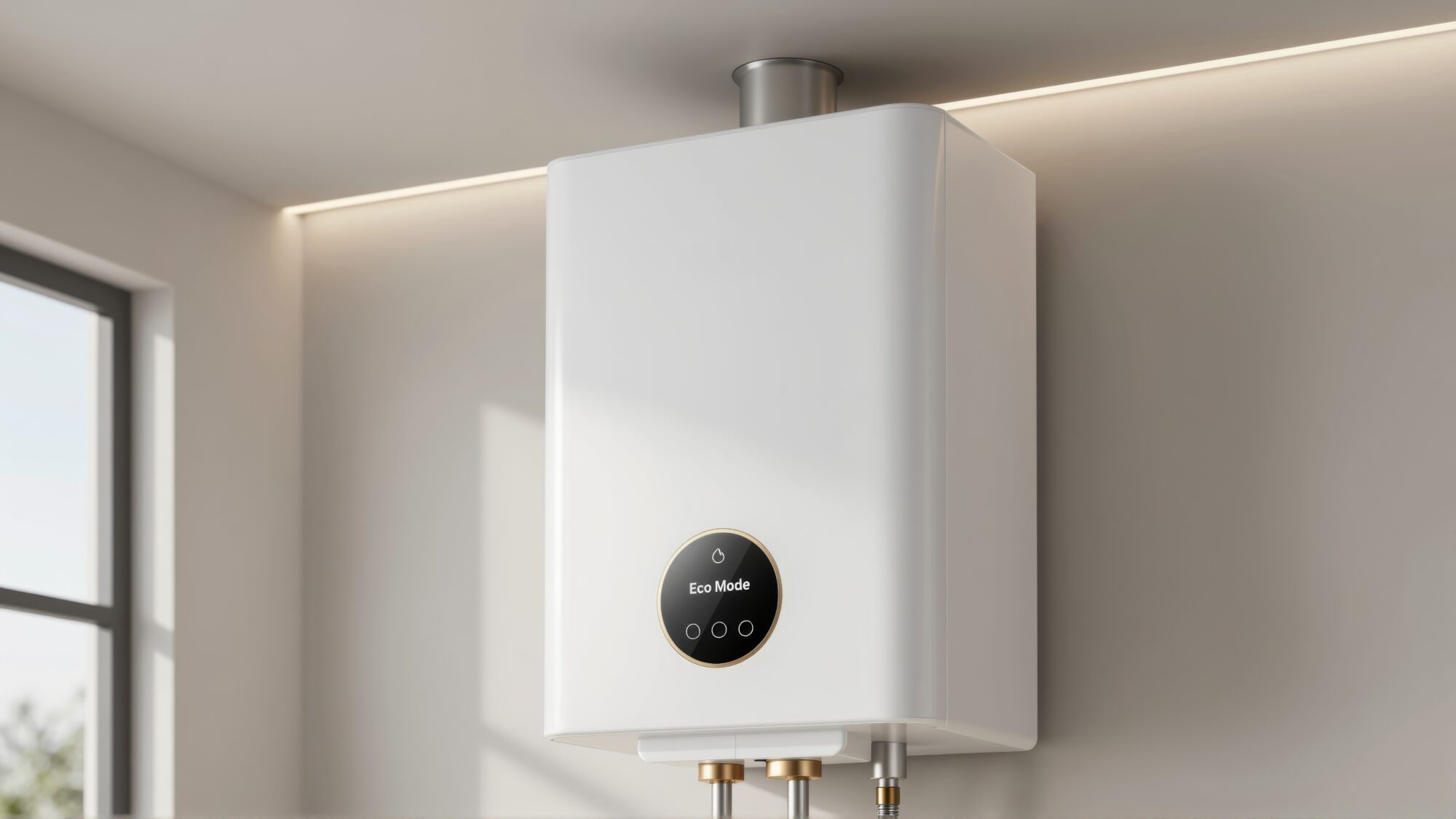 A modern white water heater is mounted on a wall with subtle LED lighting
